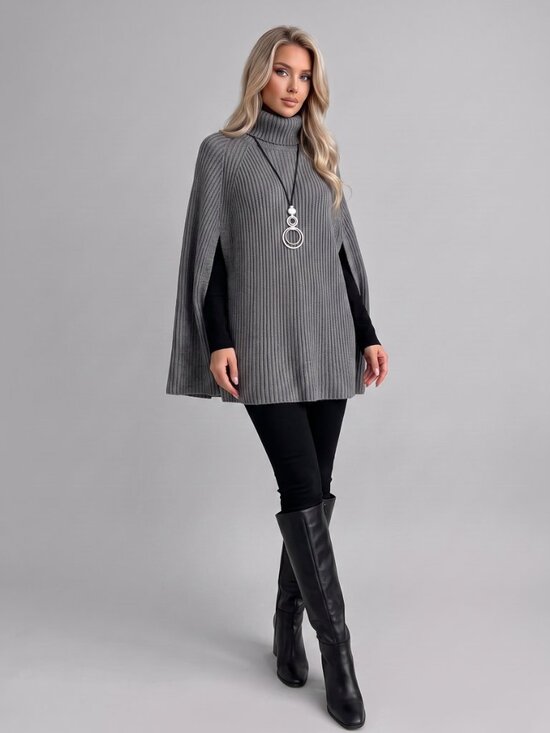Sweaters - Women's Gray Wool Poncho Sweater High Neck Batwing Sleeve Raglan Knit Cape